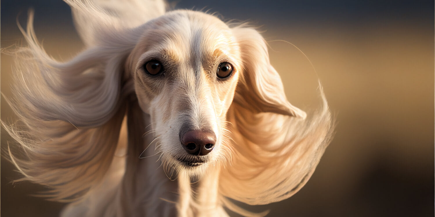 Rennender beige farbener Saluki. Haare fliegen im Wind. Sonne schein auf sein goldenes Fell.