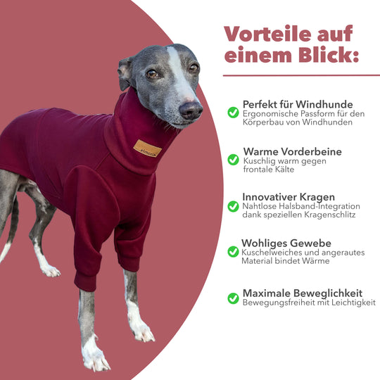 Windhund Pullover Overall in weinrot Pullover für Windhunde, Whippet, Galgo, Podenco, Greyhound Benefits